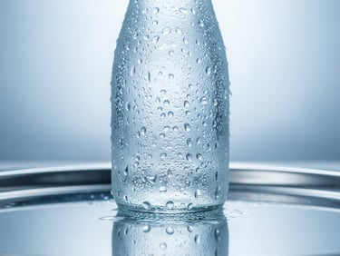 A macro product shot of a condensation-beaded Voda glass bottle standing on a polished silver surface, high-key studio light with cool blue and silver backlighting, sharp focus on water droplets.
