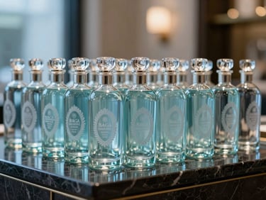Bespoke custom-etched glass bottles arranged neatly on a dark marble counter in a luxury hotel lobby, soft ambient blue lighting.