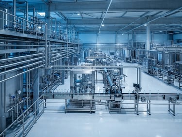 Wide-angle architectural photograph of a clinical-grade water bottling facility, gleaming stainless steel pipelines, cool blue and silver ambient backlighting, sharp focus, pristine reflective surfaces.
