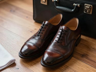 North-facing daylight, environmental close-up: a pair of polished leather oxford shoes beside a briefcase on a hardwood floor, a folded pocket square visible at the frame edge, clean and composed