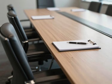 North-facing daylight, environmental close-up: a long boardroom table seen from one end, empty leather chairs receding into soft focus, a notepad and pen placed precisely at the nearest seat, clean and purposeful