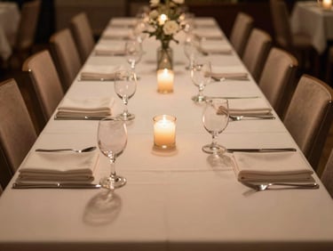 Warm tungsten interior light, environmental wide shot: an elegantly set dining table before guests arrive — folded napkins, polished flatware, empty chairs, a single candle unlit at center, quiet and anticipatory