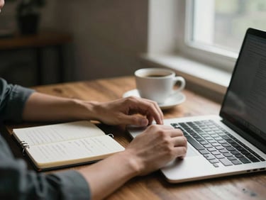 Intimate close-up of hands resting on a desk beside an open laptop — a notepad with handwritten notes visible, a cup of coffee just off-center, north-facing daylight from a window to the right, generous negative space above