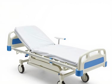 High-resolution product photo of a modern electric hospital bed in a clean, bright homecare setting, sterile white and soft blue tones, sharp focus, 35mm