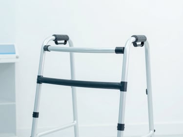 High-resolution product photo of an adjustable walker in a bright, clean indoor setting, sterile white and soft blue tones, sharp focus, 35mm