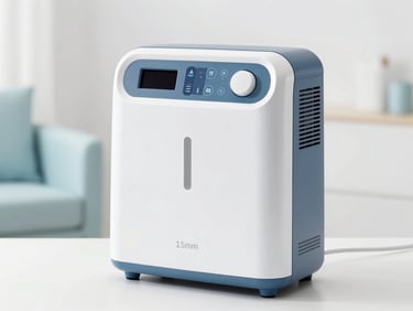 High-resolution product photo of a compact oxygen concentrator in a clean, bright home setting, sterile white and soft blue tones, sharp focus, 35mm
