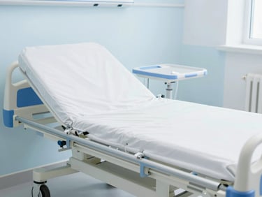 Clean modern electric hospital bed in a bright home setting, clinical-grade, high-key studio light, sterile white and soft blue tones, sharp focus, 35mm