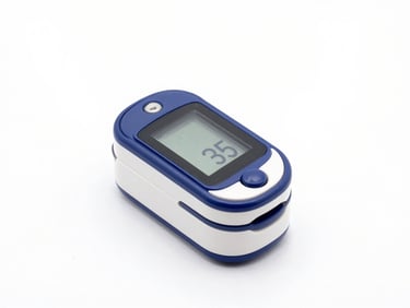 High-resolution product photo of a digital pulse oximeter on a sterile white background, sterile white and soft blue tones, sharp focus, 35mm