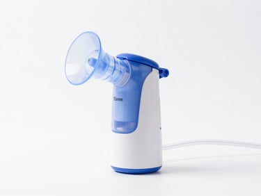 High-resolution product photo of a portable nebulizer device on a sterile white background, sterile white and soft blue tones, sharp focus, 35mm