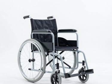 High-resolution product photo of a modern lightweight wheelchair in a bright, clean indoor setting, sterile white and soft blue tones, sharp focus, 35mm