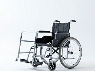 High-resolution image of a sleek, modern wheelchair beside a walker, clean background, bright studio light, sterile white and soft blue tones, sharp focus, 35mm
