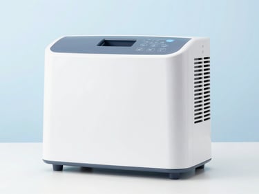 High-resolution image of a compact oxygen concentrator in a clean home environment, bright studio light, sterile white and soft blue tones, sharp focus, 35mm