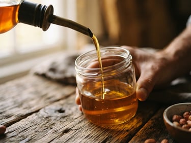 Close-up of golden wood-pressed groundnut oil slowly pouring into a clean glass jar, natural side-lit sunlight, shallow depth of field, rustic wooden background.
