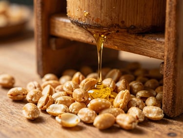Warm environmental close-up of golden groundnut oil dripping slowly from a rustic wooden press, sun-dried groundnuts scattered on a wooden surface, natural side-lit sunlight, shallow depth of field