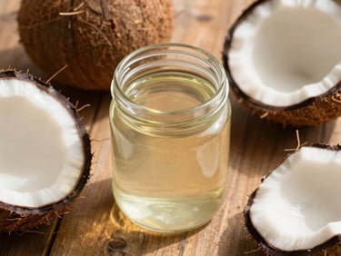 Close-up of translucent coconut oil in a clean glass jar, raw coconut halves on a rustic wooden table, warm morning sunlight casting soft shadows, 35mm photography