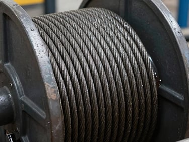 Close-up of high-tension steel winch cable wound tightly on a heavy recovery drum, industrial grease