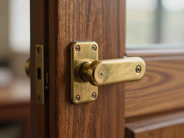 Close-up of premium brass mortise lock set into rich solid walnut wood grain, warm editorial photography, shallow depth of field.