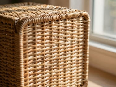 Close-up of tight woven rattan texture on a storage cube, warm directional window light, high-contrast natural shadows.