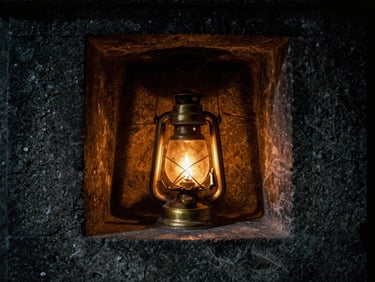 A single brass oil lamp flickering in a dark temple niche, warm golden light contrasting with deep grey stone textures, atmospheric chiaroscuro.