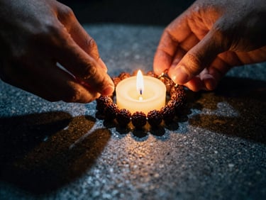 Macro close-up of hands holding dark rudraksha beads under warm candlelight, casting long dramatic shadows on cool basalt stone.