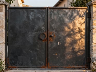 A custom dark steel gate framing a southern French garden, raw metal texture with subtle hand-patinated rust accents, golden hour light