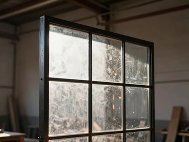Close-up of a minimalist black steel verrière in a sunlit French mas, warm natural light reflecting on hand-patinated metal frames