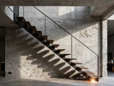 Architectural floating steel staircase in a modern concrete villa, dramatic side lighting casting graphic shadows on a stone wall