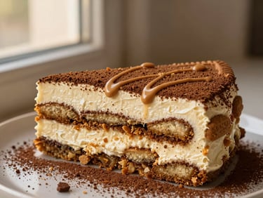 A modern tiramisu slice layered with crushed Lotus Biscoff cookies, speculoos cookie butter drizzle, and light mascarpone cream, warm tones, 35mm
