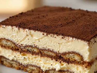A close-up slice of classic tiramisu showing distinct layers of creamy mascarpone and espresso-soaked ladyfingers, dusted with dark cocoa powder, 35mm