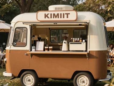A warm, sunlit photo of a KIMIT mobile coffee bar setup at a chic outdoor garden party, beautiful caramel and cream tones