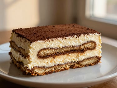 A close-up slice of Lotus tiramisu on a minimalist ceramic plate, showing distinct layers of cream and espresso-soaked biscuits
