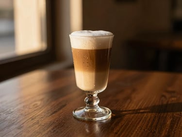 A tall, condensation-beaded glass of layered Spanish latte on a dark wood table, warm golden-hour side light casting soft shadows
