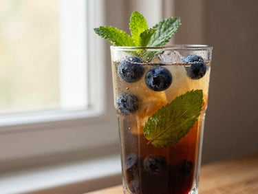 A vibrant blueberry mojito with fresh mint leaves and whole blueberries visible through a frosted glass, soft natural window light