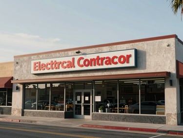 Wide environmental shot, natural daylight — a newly installed illuminated storefront sign for an electrical contractor on a commercial strip in San Diego, shot from across the street to show the full building facade and signage in context