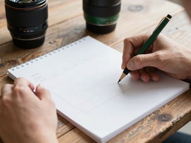 hands sketching a content calendar on a rustic wooden table, soft daylight, 35mm lens