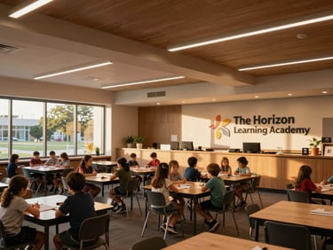 Interior wide shot of 'The Horizon Learning Academy', a modern classroom with children engaged, natural light, architectural details, warm editorial photography, unposed