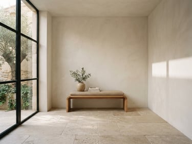 Straight-on architectural photograph of a minimalist hotel lobby corner, warm natural daylight casting soft shadows on plaster walls, raw stone floor, neutral earth tones