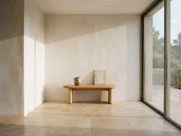 Straight-on architectural photograph of a sun-drenched room corner, raw travertine floors, minimalist plaster walls, soft morning shadows, medium format film, neutral earth tones.
