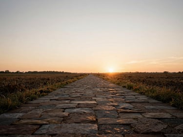 A wide scenic view of Texas fieldstone path leading toward a soft horizon at sunrise, quiet and peaceful, 35mm.