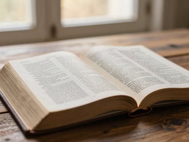 A close-up of open pages of a well-worn Bible on a rustic wooden table, soft morning light, shallow depth of field, 35mm.