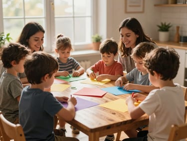 Toddlers sitting around a low wooden table crafting with colorful paper, sunlit room, smiling volunteers