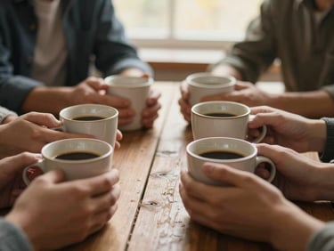 Hands holding warm ceramic coffee mugs around a rustic wooden table, soft focus, community atmosphere, 35mm.