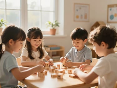 Bright and secure children classroom with happy kids playing with wooden blocks, soft natural light