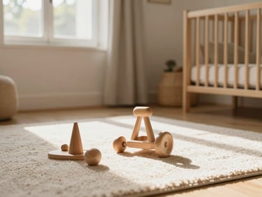 Bright cozy nursery room with soft light, wooden toys on a clean rug, peaceful atmosphere