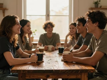 A group of young adults laughing around a rustic wooden dining table with coffee mugs, warm ambient lighting