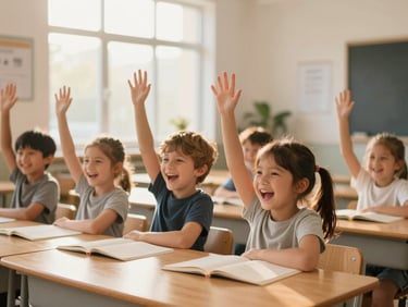 Elementary kids laughing and raising hands in a bright, modern classroom, warm natural light