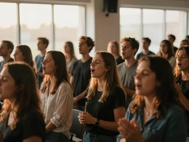Authentic moment of modern worship, soft stage lighting, people singing together