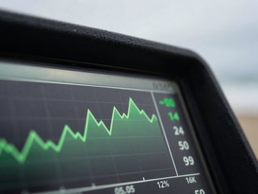 Macro close-up of a high-contrast digital interface displaying real-time quantitative trend lines, cool screen glow on dark metal, 35mm.