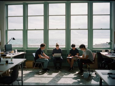 Wide-angle architectural interior of a focused collaborative session in a Brighton studio, sharp shadows, overcast daylight through high windows, 35mm.