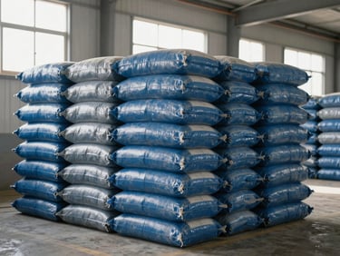 Stacked industrial bulk bags of fertilizers inside a clean Egyptian warehouse, natural daylight streaming from high windows, sharp focus.